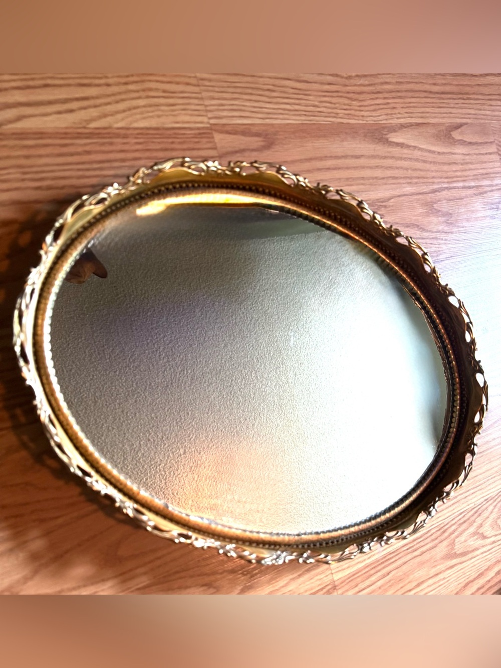 Vintage Midcentury Footed Mirrored Oval Dish Vanity Decor Ormolu Gold Plated